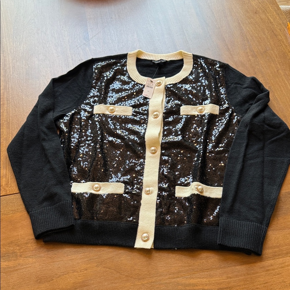 Talbots Black and Cream Sequin Cardigan Sweater. NWT